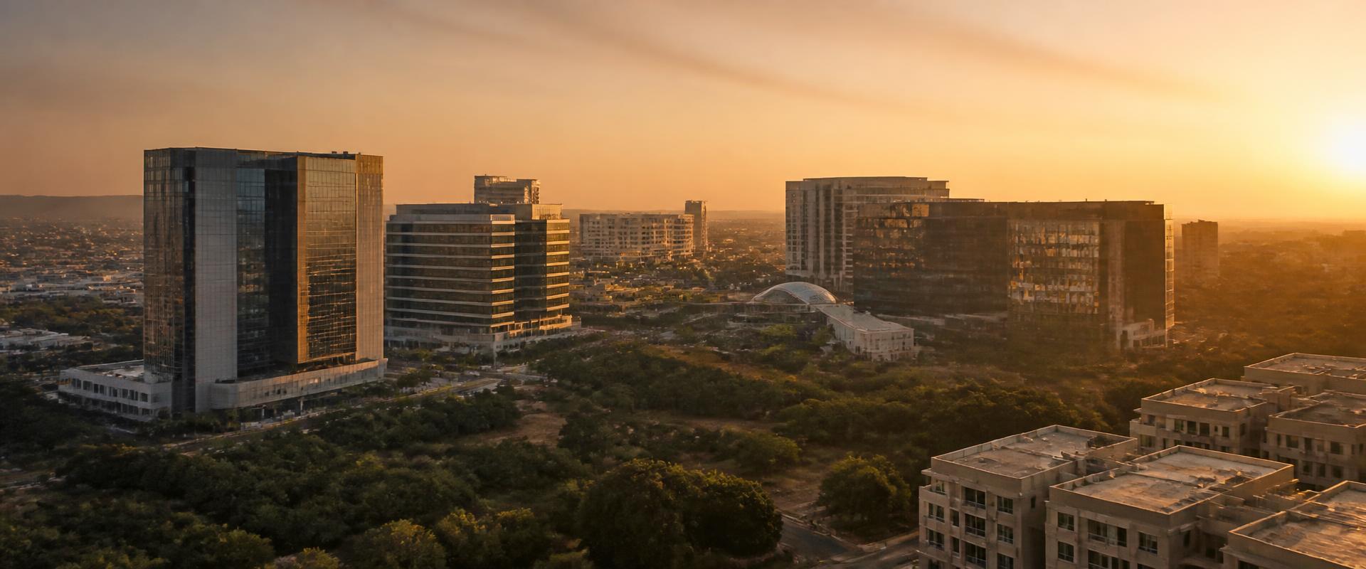 Modern IT office towers in Hyderabad at golden hour